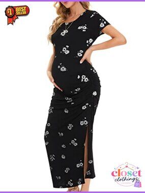 Maternity Split Long Short Sleeve Dress Round Neck Ruched